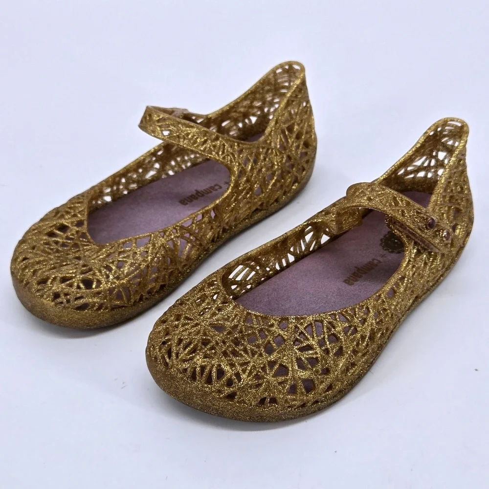 Mini Melissa Campana Zig Zag Gold Glitter Jelly Mary Jane Shoes Size 10 Toddler